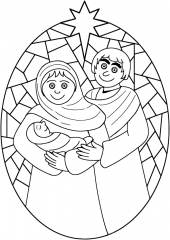 Jozef en Maria met baby Jezus glas in lood