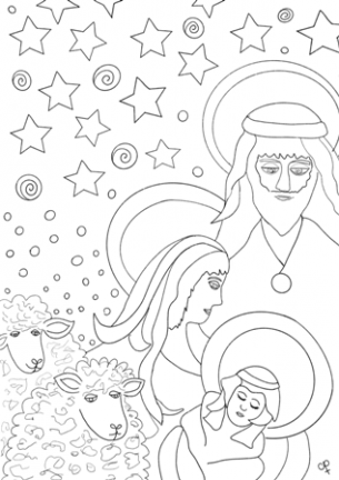 Jozef en Maria met kindje Jezus en schapen