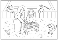 Jozef en Maria in de stal met kippen