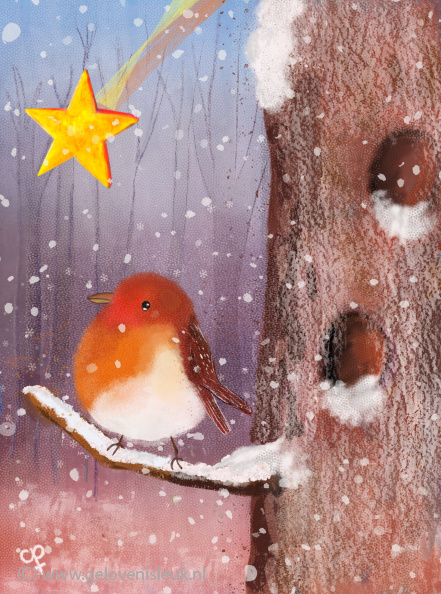 Roodborstje in sneeuw met ster en boom