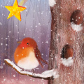 Roodborstje in sneeuw met ster en boom