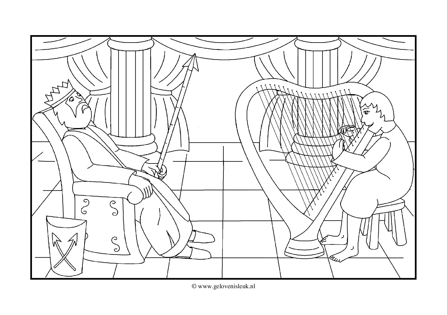 thumbnail of David_speelt_harp_voor_koning_Saul_kleurplaat